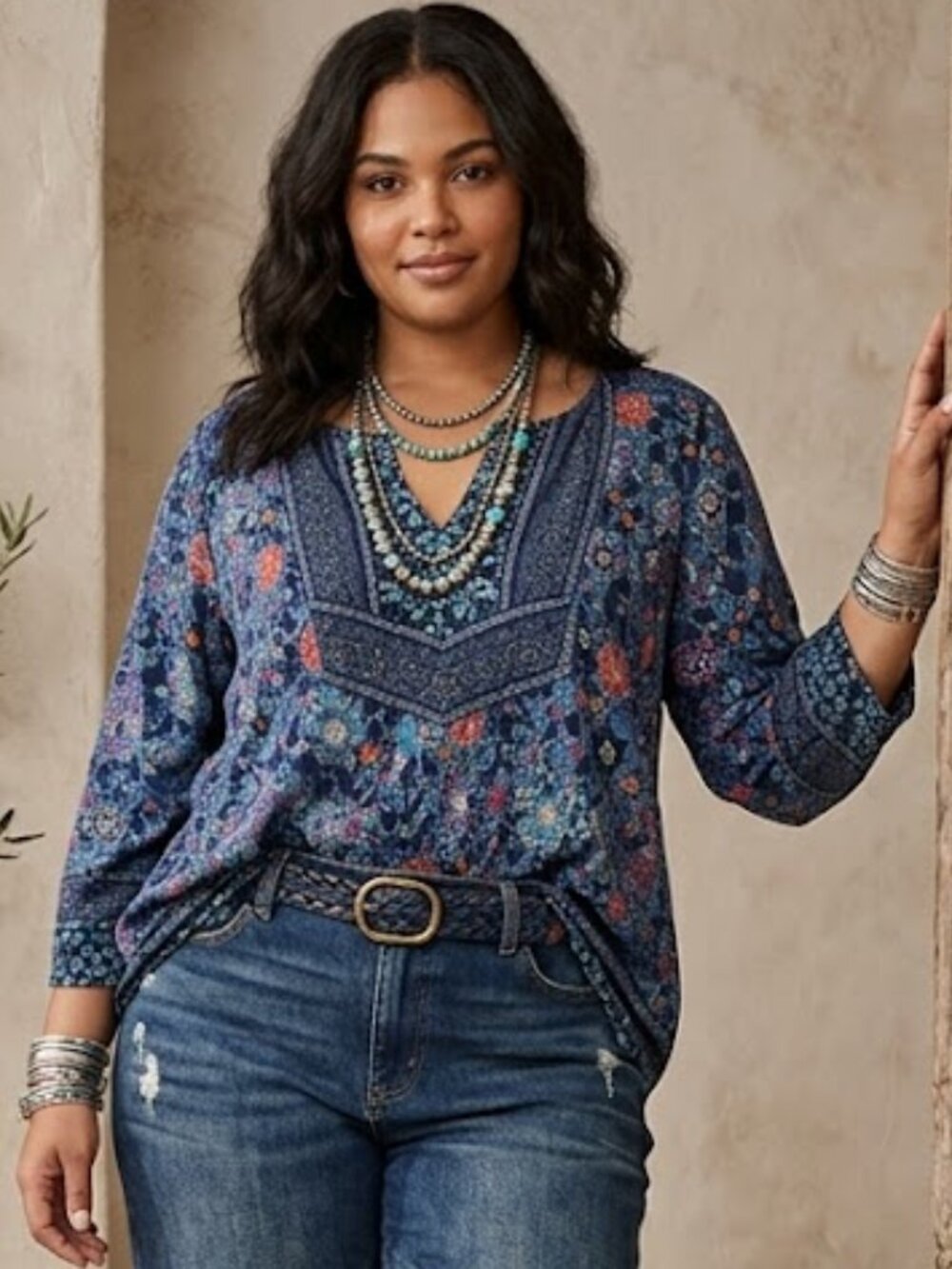 Lucky Brand Boho Floral Peasant T Shirt Blue Size 1X Indie Folk